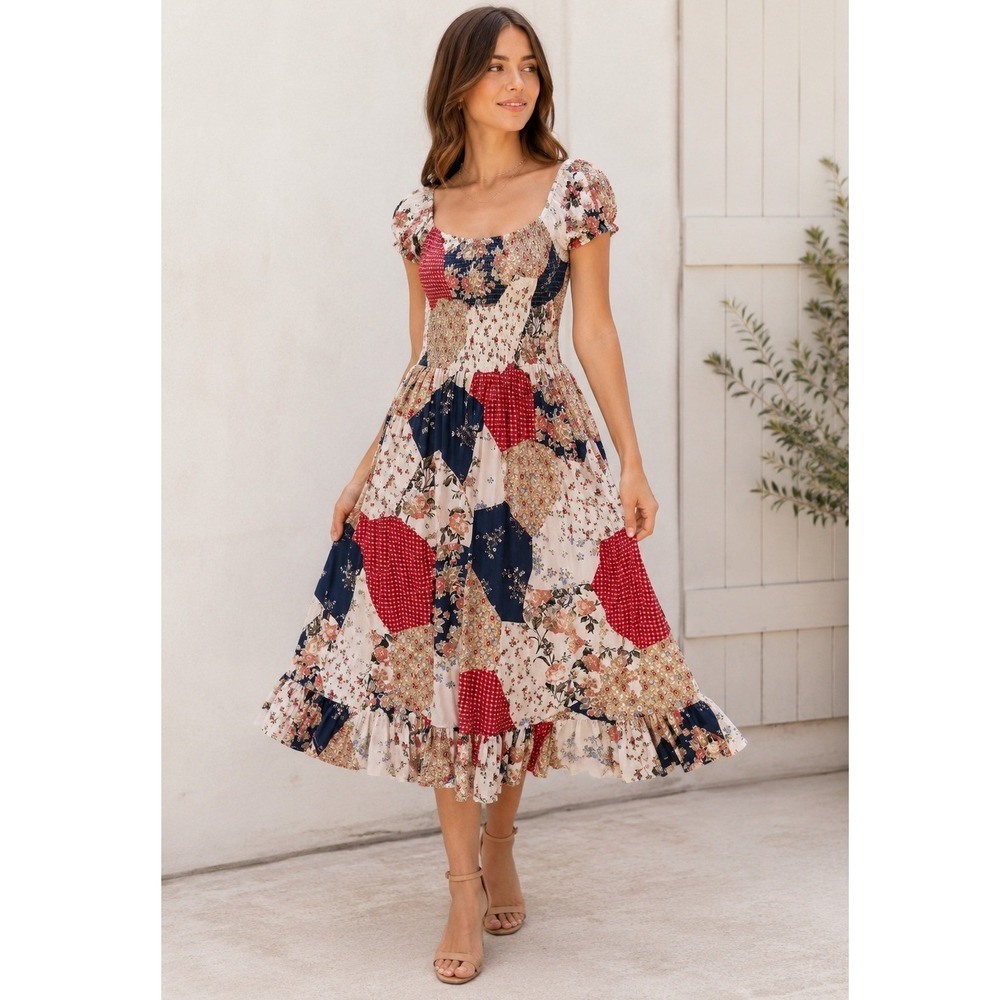 Urban Outfitters Tessie Patchwork Smocked Midi Dress Multicolor Floral Medium